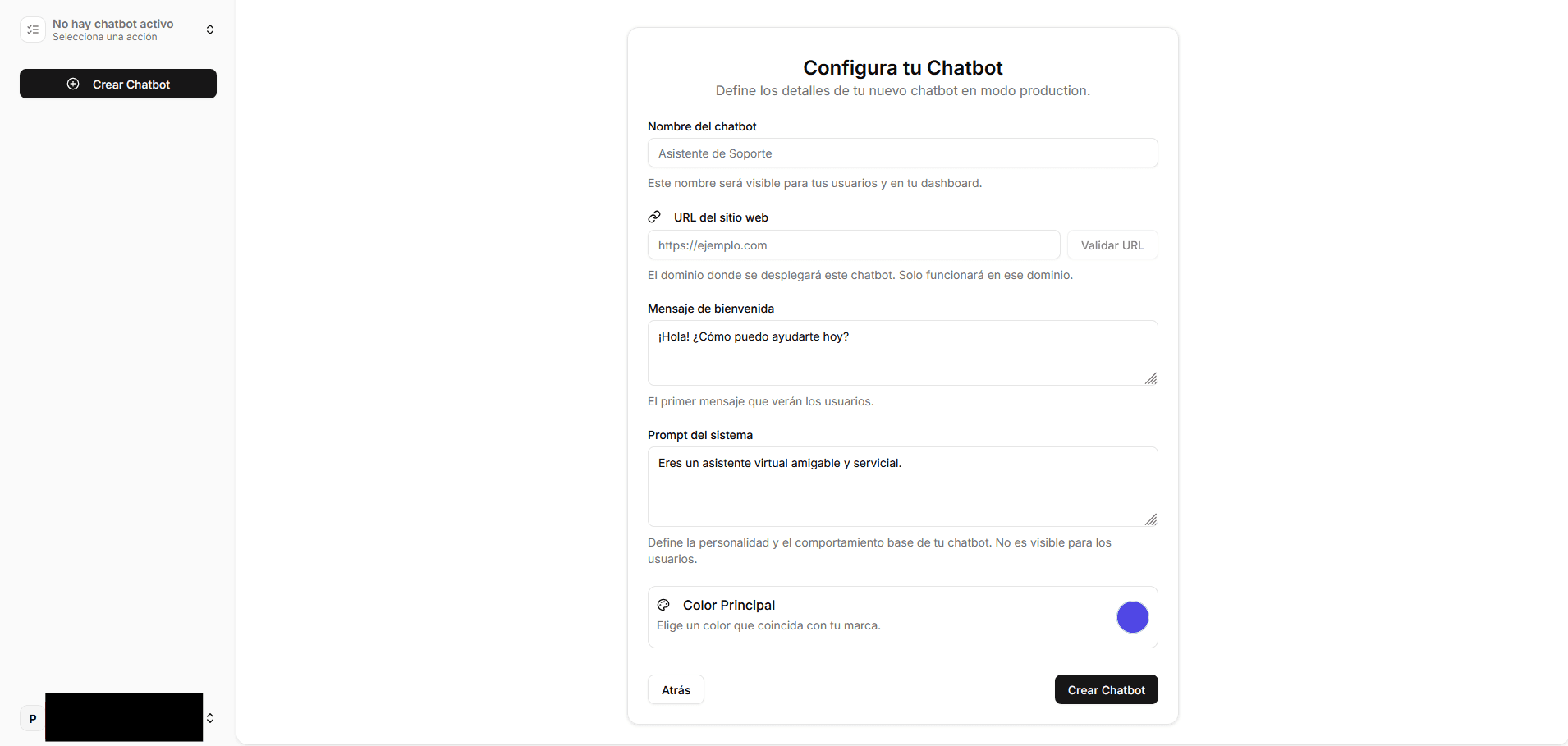 Formulario de configuración del chatbot