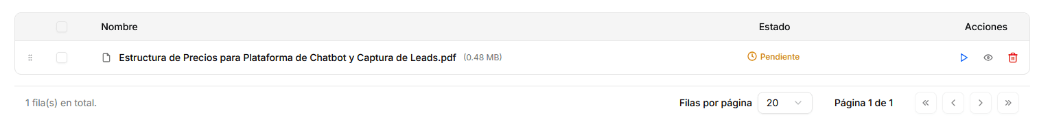 Fila de archivo en estado pendiente con acciones disponibles