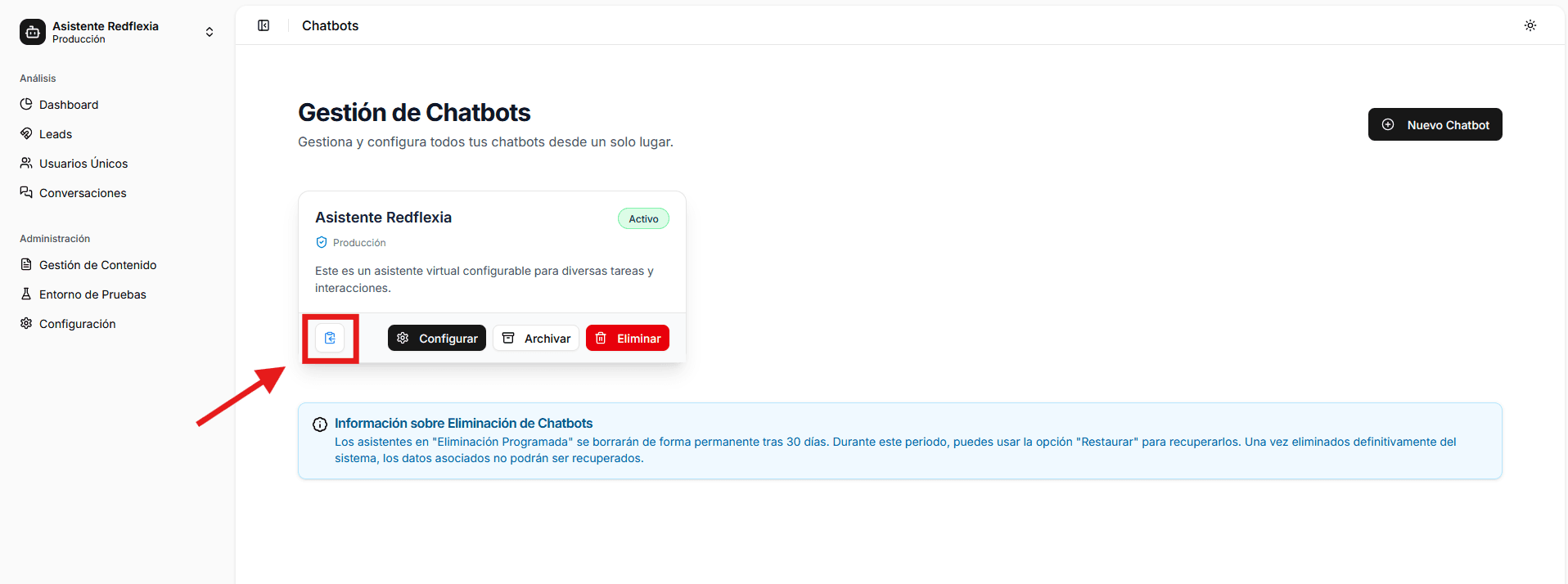 Panel donde se copia el script del chatbot
