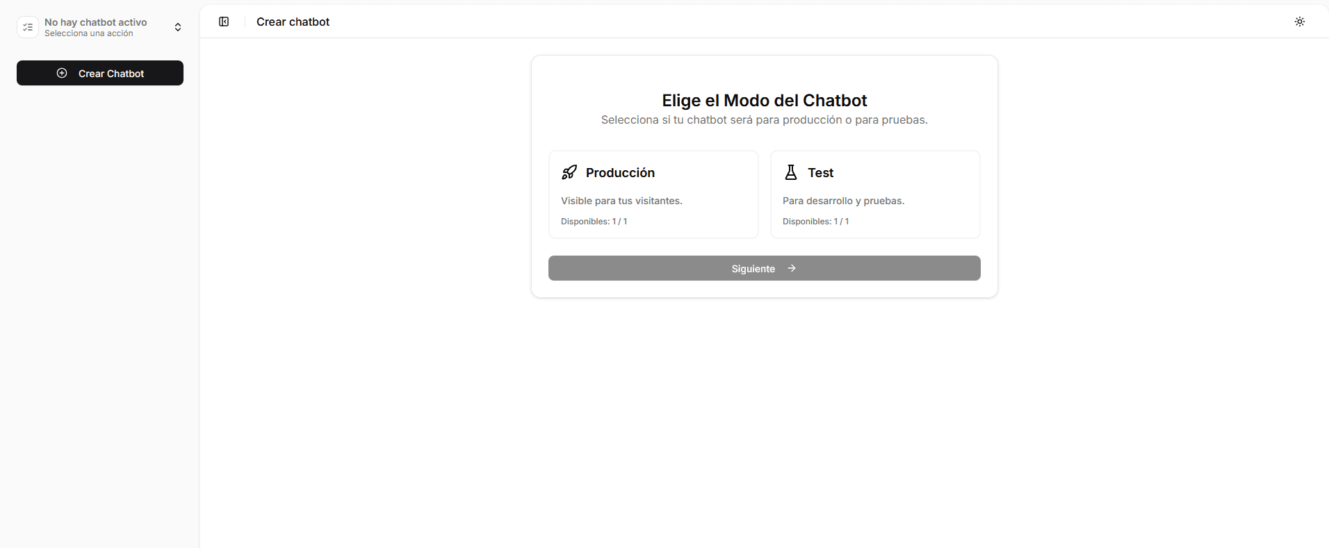 Pantalla de selección de modo: Producción vs Test