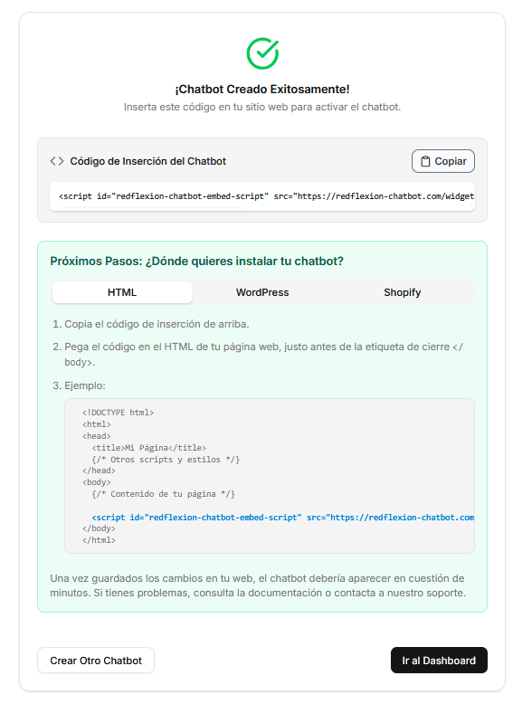 Pantalla de éxito con el código de script visible