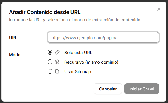 Modal de configuración de scraping web
