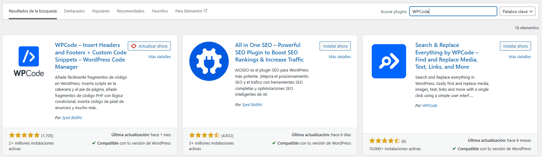 Búsqueda del plugin WPCode en WordPress